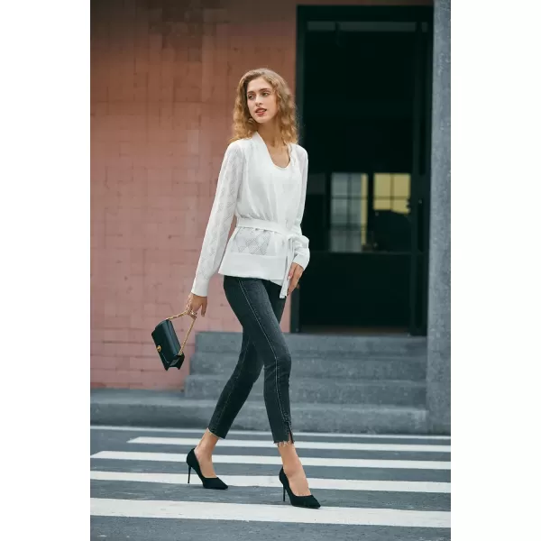 Yvette Womens Cardigan Sweaters HollowOut Open Front Knit Lightweight Sweater with Belt for WomenWhite