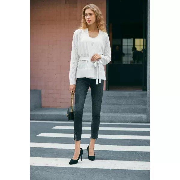Yvette Womens Cardigan Sweaters HollowOut Open Front Knit Lightweight Sweater with Belt for WomenWhite