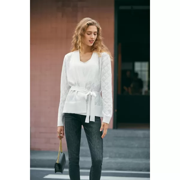 Yvette Womens Cardigan Sweaters HollowOut Open Front Knit Lightweight Sweater with Belt for WomenWhite