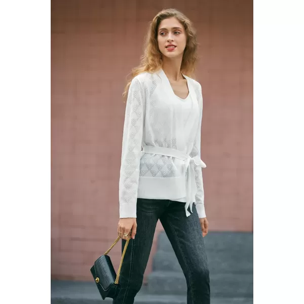 Yvette Womens Cardigan Sweaters HollowOut Open Front Knit Lightweight Sweater with Belt for WomenWhite