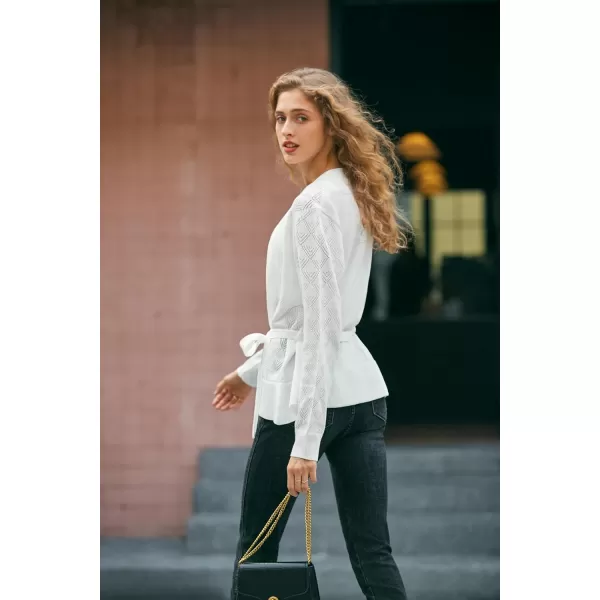 Yvette Womens Cardigan Sweaters HollowOut Open Front Knit Lightweight Sweater with Belt for WomenWhite