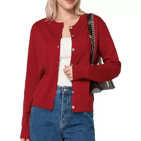 Yvette Womens Lightweight Cardigan Crewneck Button Down Cropped Classic Sweater Casual DressyRed