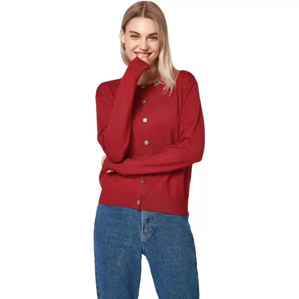 Yvette Womens Lightweight Cardigan Crewneck Button Down Cropped Classic Sweater Casual DressyRed
