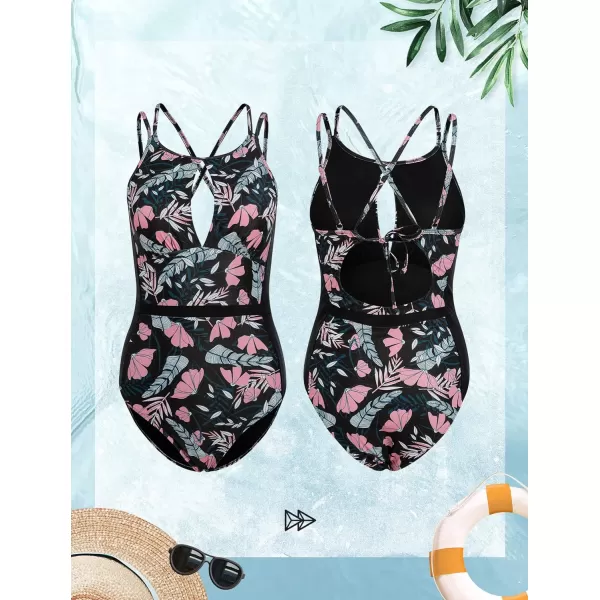 Yvette Womens One Piece Swimsuit High Neck Floral Tummy Control Monokini Lace Up Back Swimwear Bathing SuitBlack Printed