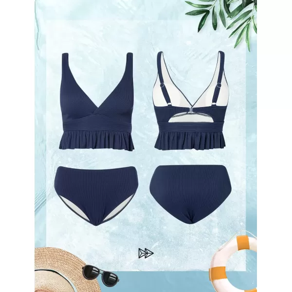 Yvette Womens Ruffled Bikini Sets Peplum Ribbed V Neck High Waist Modest Swimsuit Two Piece Bathing SuitBlue
