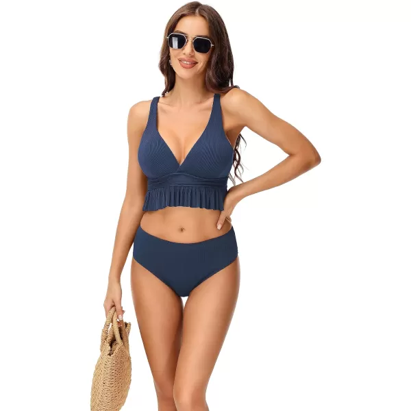 Yvette Womens Ruffled Bikini Sets Peplum Ribbed V Neck High Waist Modest Swimsuit Two Piece Bathing SuitBlue