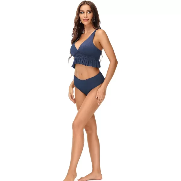 Yvette Womens Ruffled Bikini Sets Peplum Ribbed V Neck High Waist Modest Swimsuit Two Piece Bathing SuitBlue