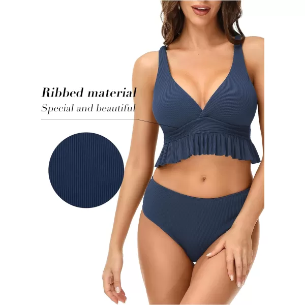 Yvette Womens Ruffled Bikini Sets Peplum Ribbed V Neck High Waist Modest Swimsuit Two Piece Bathing SuitBlue