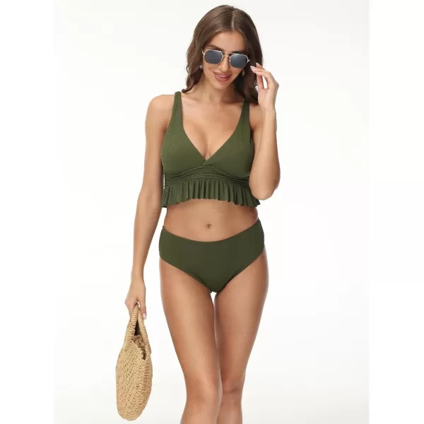 Yvette Womens Ruffled Bikini Sets Peplum Ribbed V Neck High Waist Modest Swimsuit Two Piece Bathing SuitGreen