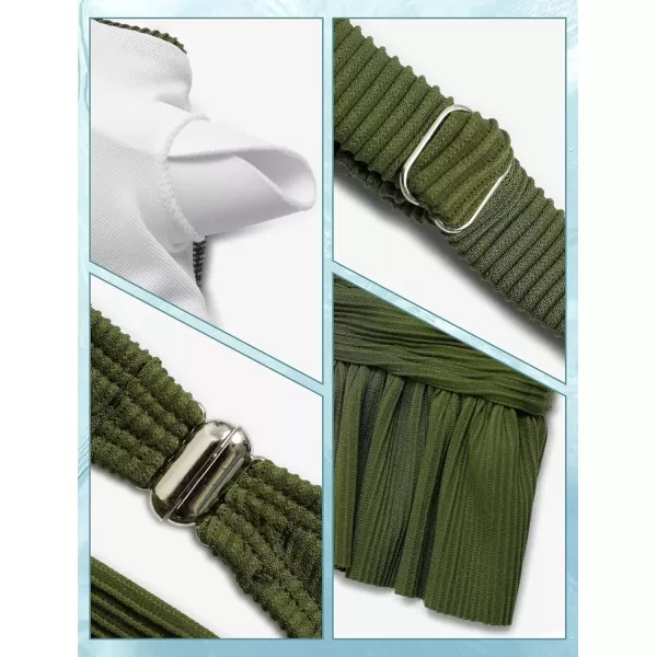 Yvette Womens Ruffled Bikini Sets Peplum Ribbed V Neck High Waist Modest Swimsuit Two Piece Bathing SuitGreen