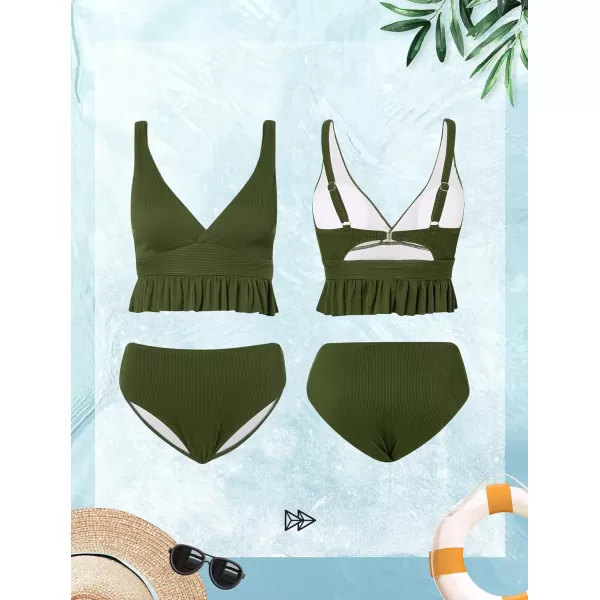 Yvette Womens Ruffled Bikini Sets Peplum Ribbed V Neck High Waist Modest Swimsuit Two Piece Bathing SuitGreen