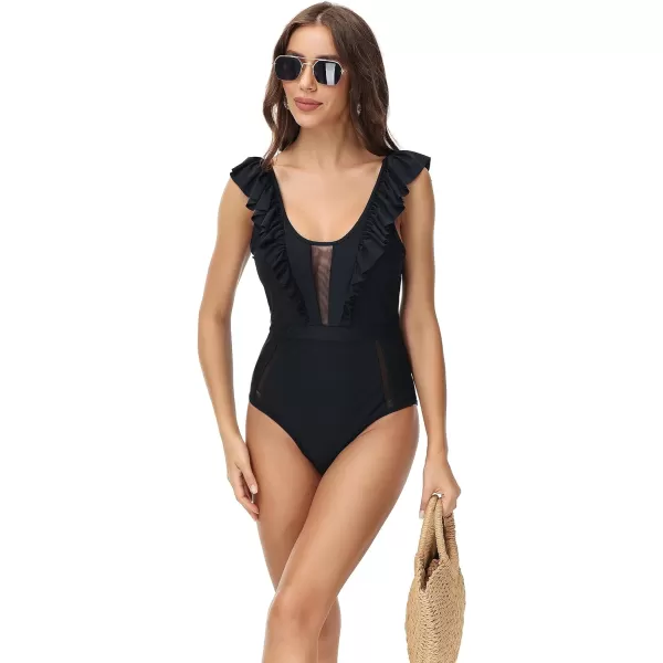 Yvette Womens Ruffled One Piece Swimsuit with Mesh Sexy Backless High Waisted Tummy Control Black MonokiniBlack