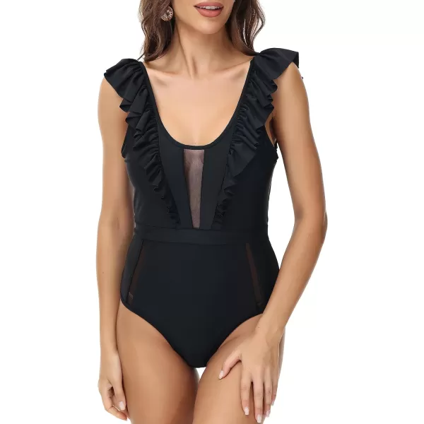 Yvette Womens Ruffled One Piece Swimsuit with Mesh Sexy Backless High Waisted Tummy Control Black MonokiniBlack