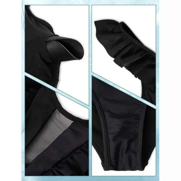 Yvette Womens Ruffled One Piece Swimsuit with Mesh Sexy Backless High Waisted Tummy Control Black MonokiniBlack