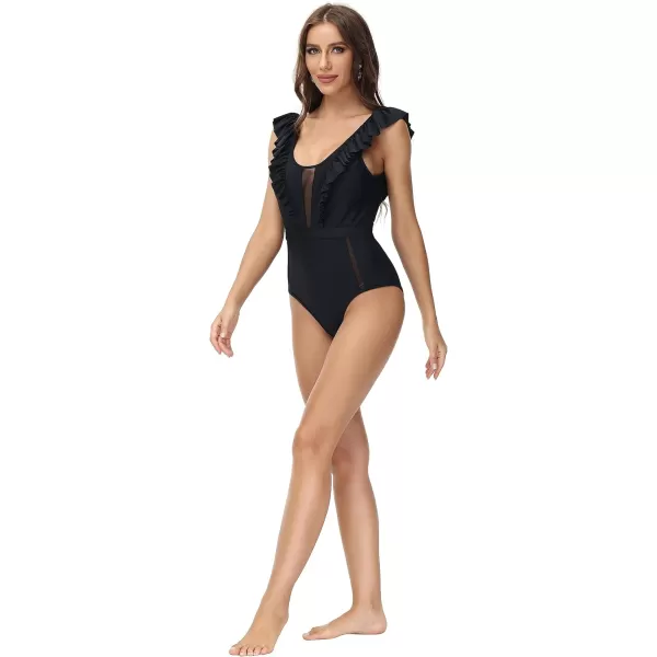 Yvette Womens Ruffled One Piece Swimsuit with Mesh Sexy Backless High Waisted Tummy Control Black MonokiniBlack