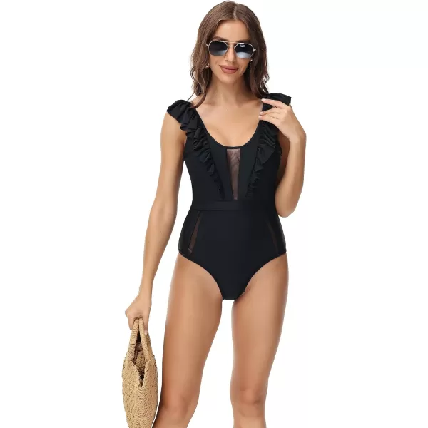 Yvette Womens Ruffled One Piece Swimsuit with Mesh Sexy Backless High Waisted Tummy Control Black MonokiniBlack