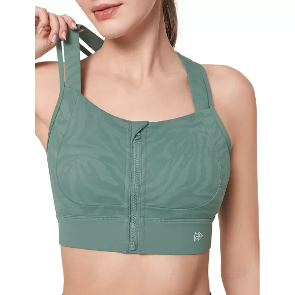 Yvette Womens Sports Bra High Support Crossed Back Floral Zip Front Workout Bra for RunningGreen Printed