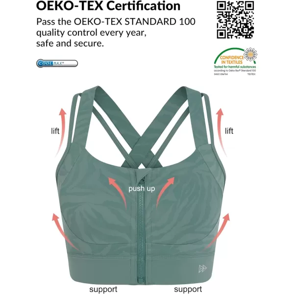 Yvette Womens Sports Bra High Support Crossed Back Floral Zip Front Workout Bra for RunningGreen Printed
