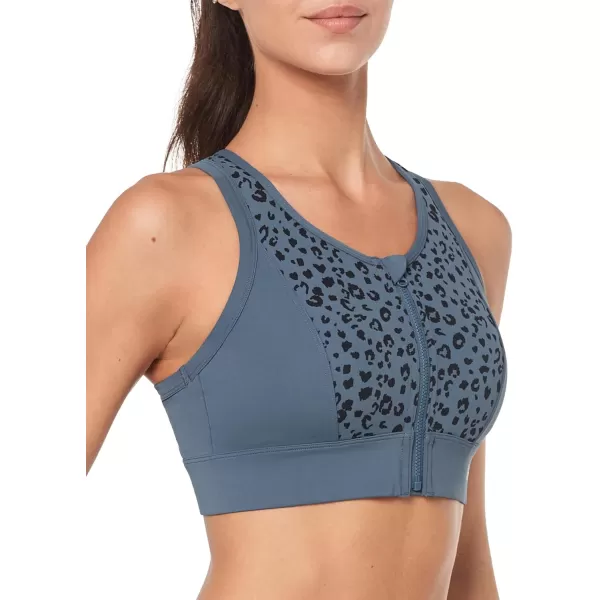 Yvette Womens Sports Bras High Impact Leopard Print Zip Front Racerback High Support Workout Bras for Large Busts RunningBlue