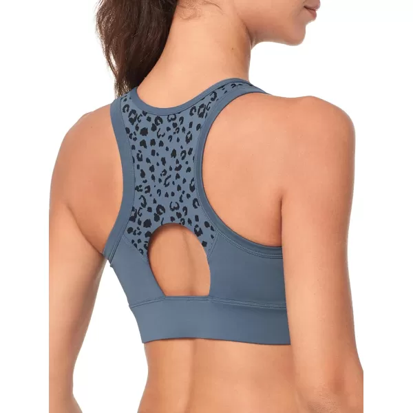 Yvette Womens Sports Bras High Impact Leopard Print Zip Front Racerback High Support Workout Bras for Large Busts RunningBlue