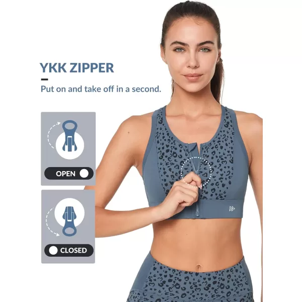 Yvette Womens Sports Bras High Impact Leopard Print Zip Front Racerback High Support Workout Bras for Large Busts RunningBlue