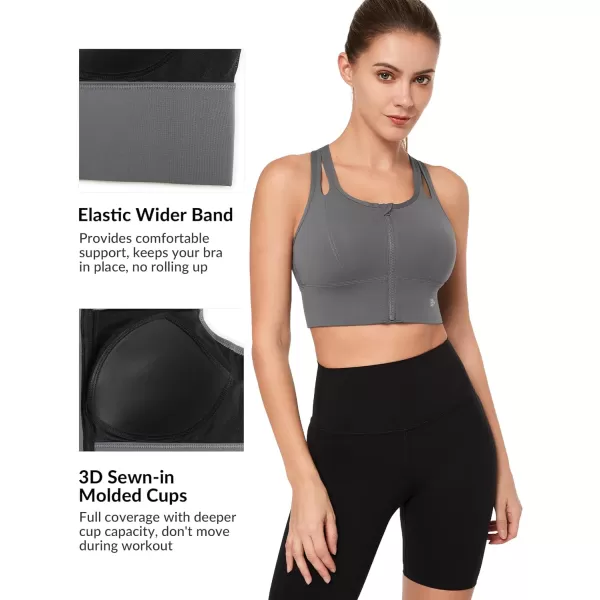 Yvette Womens Sports Bras High Impact Zip Front Sports Bra High Support Large Bust for Workout RunningGrey