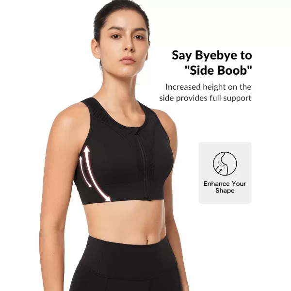 Yvette Womens Zip Front Closure Sports Bra High Impact Racerback Sports Bras for Running Plus SizeBlack