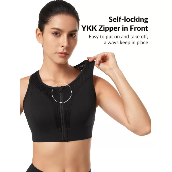 Yvette Womens Zip Front Closure Sports Bra High Impact Racerback Sports Bras for Running Plus SizeBlack
