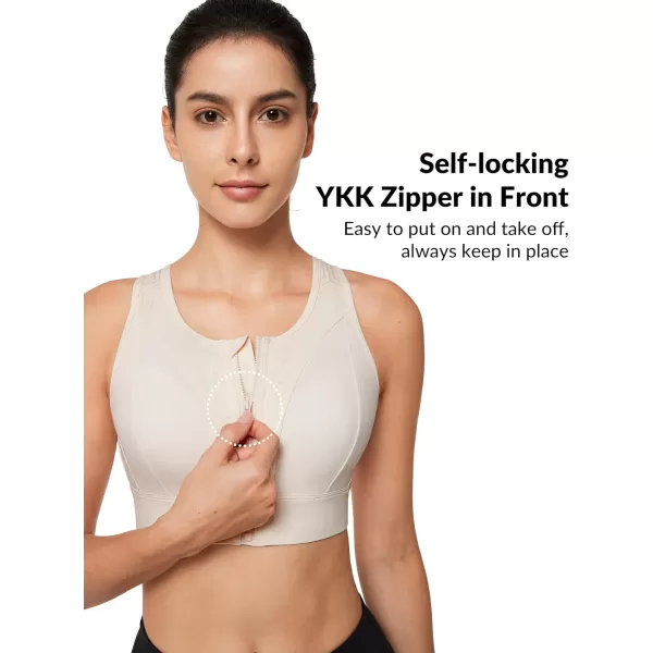 Yvette Womens Zip Front Closure Sports Bra High Impact Racerback Sports Bras for Running Plus SizeCream White