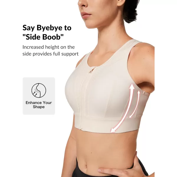 Yvette Womens Zip Front Closure Sports Bra High Impact Racerback Sports Bras for Running Plus SizeCream White
