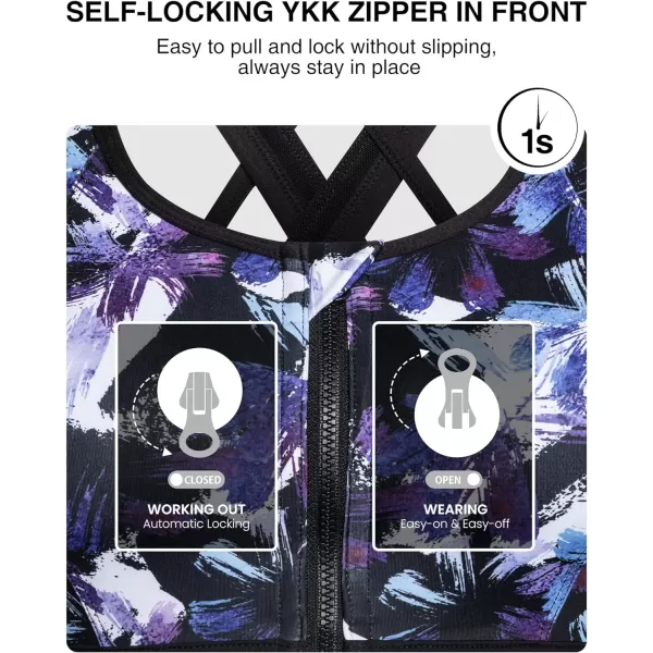Yvette Zip Front Close Sports Bra  High Impact Full Support for Large BustSewn in PadsWireless and Supportive PrintedBlack Printed