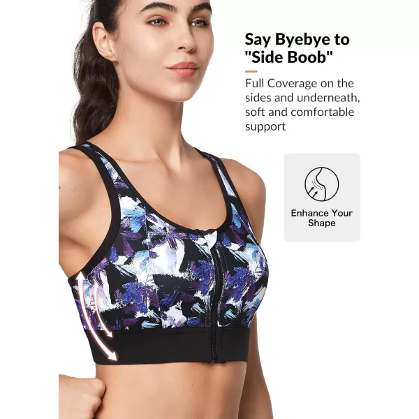 Yvette Zip Front Close Sports Bra  High Impact Full Support for Large BustSewn in PadsWireless and Supportive PrintedBlack Printed