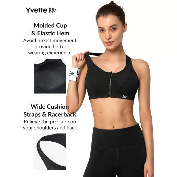 Yvette Zip Front Sports Bra  High Impact Sports Bras for Women Plus Size Workout Fitness RunningBlack