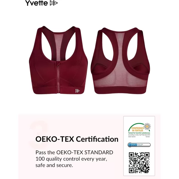 Yvette Zip Front Sports Bra  High Impact Sports Bras for Women Plus Size Workout Fitness RunningBurgundy