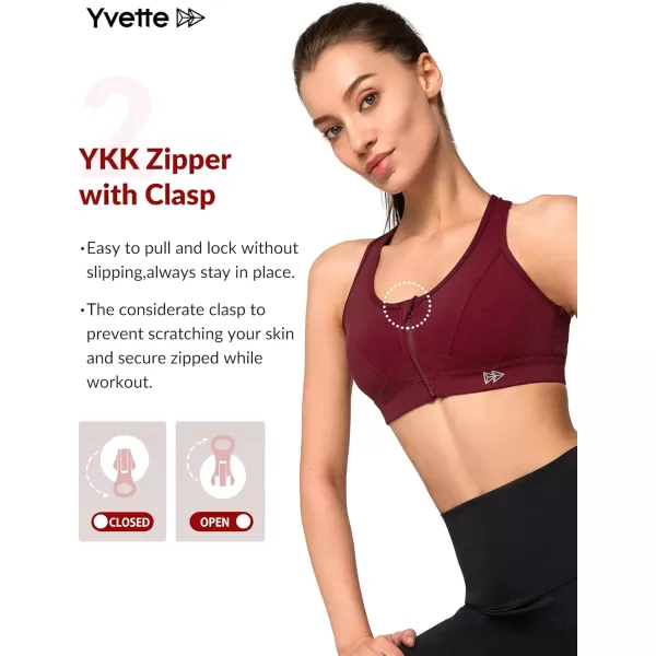 Yvette Zip Front Sports Bra  High Impact Sports Bras for Women Plus Size Workout Fitness RunningBurgundy