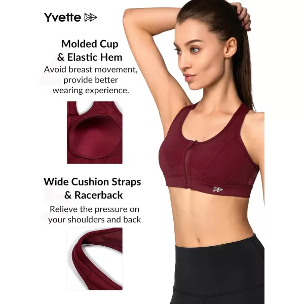 Yvette Zip Front Sports Bra  High Impact Sports Bras for Women Plus Size Workout Fitness RunningBurgundy