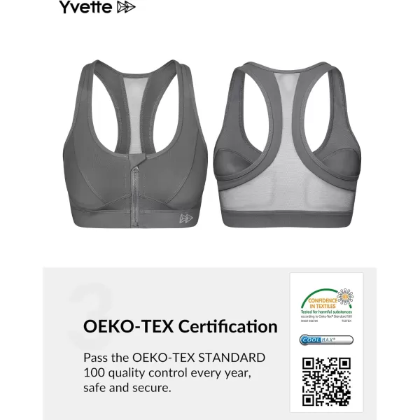 Yvette Zip Front Sports Bra  High Impact Sports Bras for Women Plus Size Workout Fitness RunningGrey