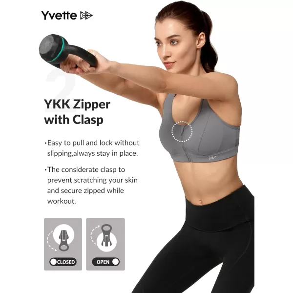 Yvette Zip Front Sports Bra  High Impact Sports Bras for Women Plus Size Workout Fitness RunningGrey