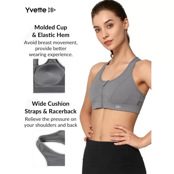 Yvette Zip Front Sports Bra  High Impact Sports Bras for Women Plus Size Workout Fitness RunningGrey