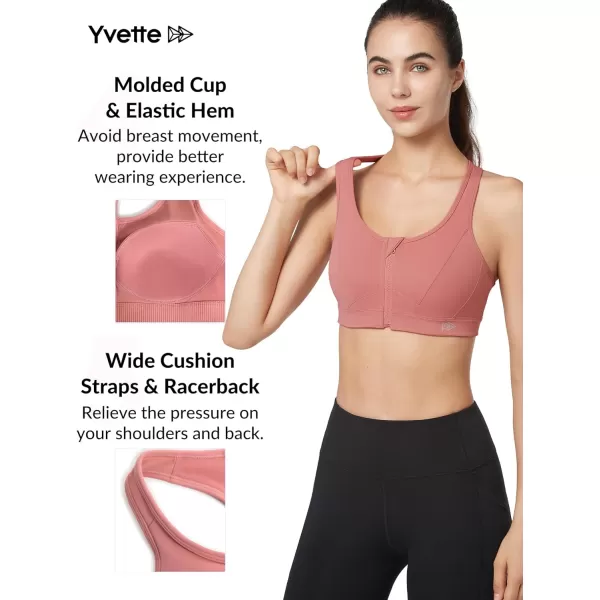 Yvette Zip Front Sports Bra  High Impact Sports Bras for Women Plus Size Workout Fitness RunningRose Red