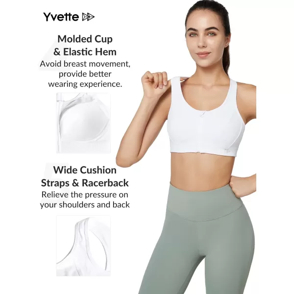 Yvette Zip Front Sports Bra  High Impact Sports Bras for Women Plus Size Workout Fitness RunningWhite