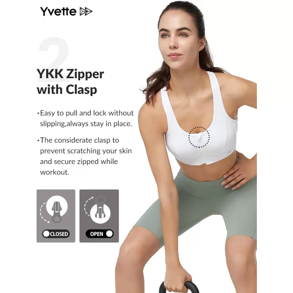 Yvette Zip Front Sports Bra  High Impact Sports Bras for Women Plus Size Workout Fitness RunningWhite