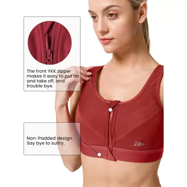 Yvette Zip Front Sports Bras 32A48DD Plus Size for Women High Impact Yoga Bra Wirefree No PaddingBurgundyPlease Size Up