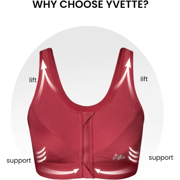 Yvette Zip Front Sports Bras 32A48DD Plus Size for Women High Impact Yoga Bra Wirefree No PaddingBurgundyPlease Size Up