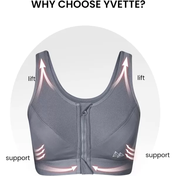 Yvette Zip Front Sports Bras 32A48DD Plus Size for Women High Impact Yoga Bra Wirefree No PaddingGrey