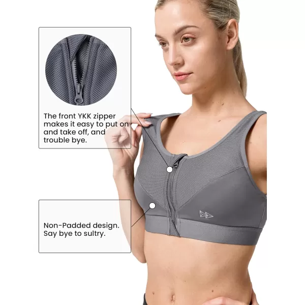Yvette Zip Front Sports Bras 32A48DD Plus Size for Women High Impact Yoga Bra Wirefree No PaddingGrey