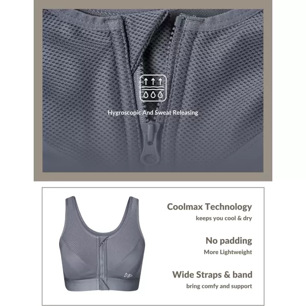 Yvette Zip Front Sports Bras 32A48DD Plus Size for Women High Impact Yoga Bra Wirefree No PaddingGreyPlease Size Up