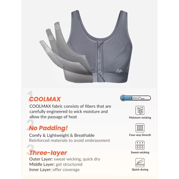Yvette Zip Front Sports Bras 32A48DD Plus Size for Women High Impact Yoga Bra Wirefree No PaddingGreyPlease Size Up