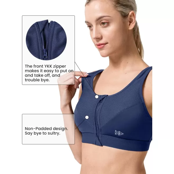 Yvette Zip Front Sports Bras 32A48DD Plus Size for Women High Impact Yoga Bra Wirefree No PaddingNavy