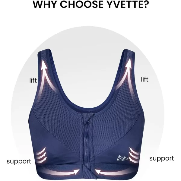 Yvette Zip Front Sports Bras 32A48DD Plus Size for Women High Impact Yoga Bra Wirefree No PaddingNavy
